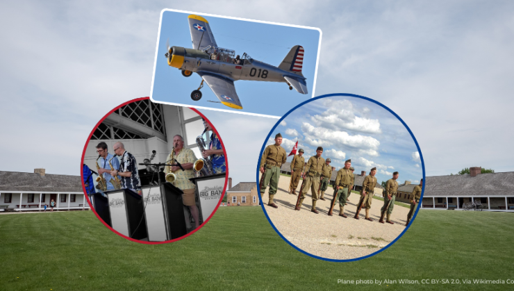 On a background photo of historic Fort Snelling are inset photos of a historic plane, reenactors in uniform, and the Brooklyn Big Band