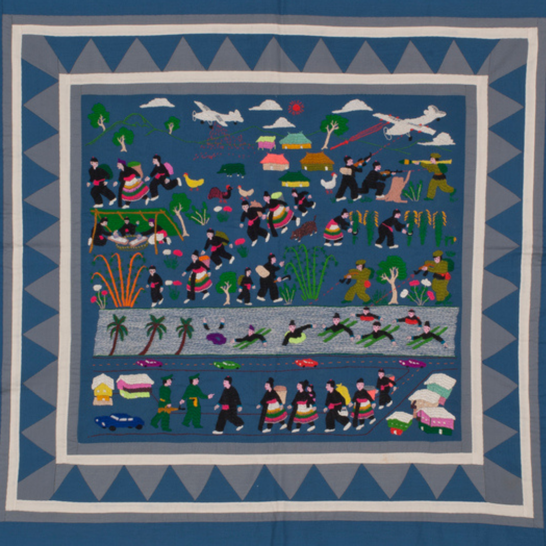 Hmong story cloth showing images of the war in Vietnam